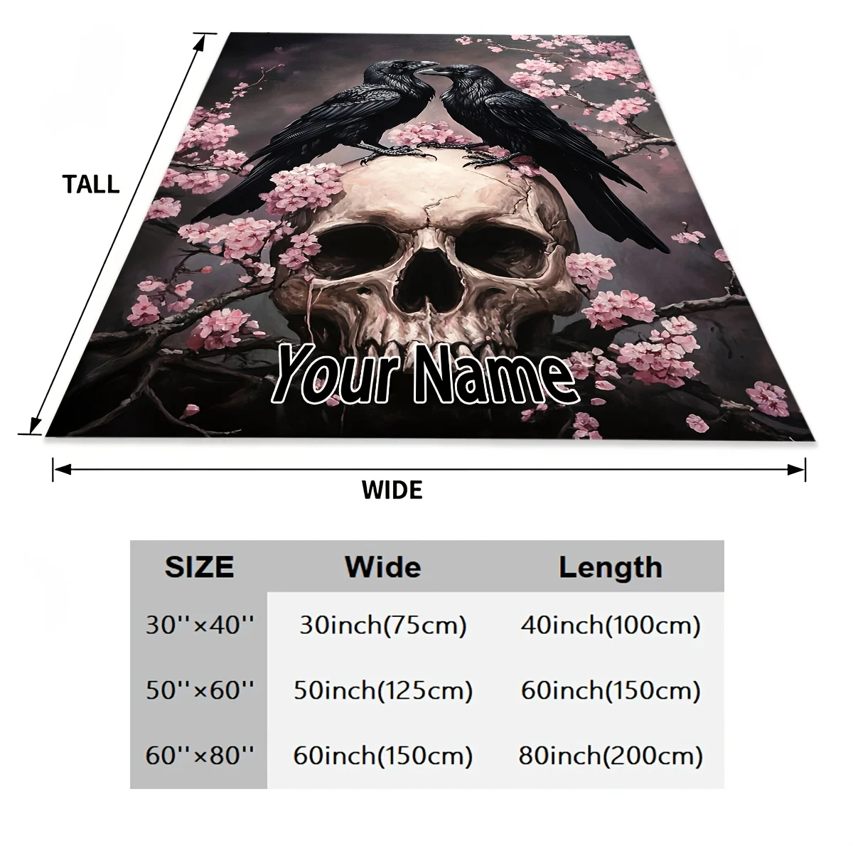 1pc Gothic Raven & Cherry Blossom Flannel Blanket - Custom Name/Message Personalized Skull Design  for Halloween