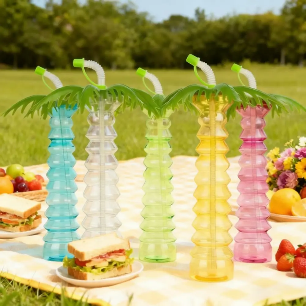 Tropical Coconut Tree LED Straw Cup Novelty Plastic Drinking Tumbler Creative Cartoon Beverage Bottle For Kids Party Occasions