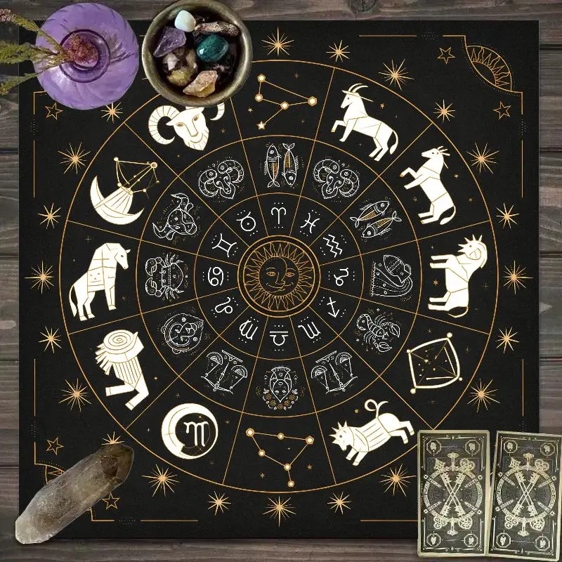 VIKAMA Zodiac Wheel Altar Cloth Black Gold Astrology Star Chart Tarot Table Mat Divination