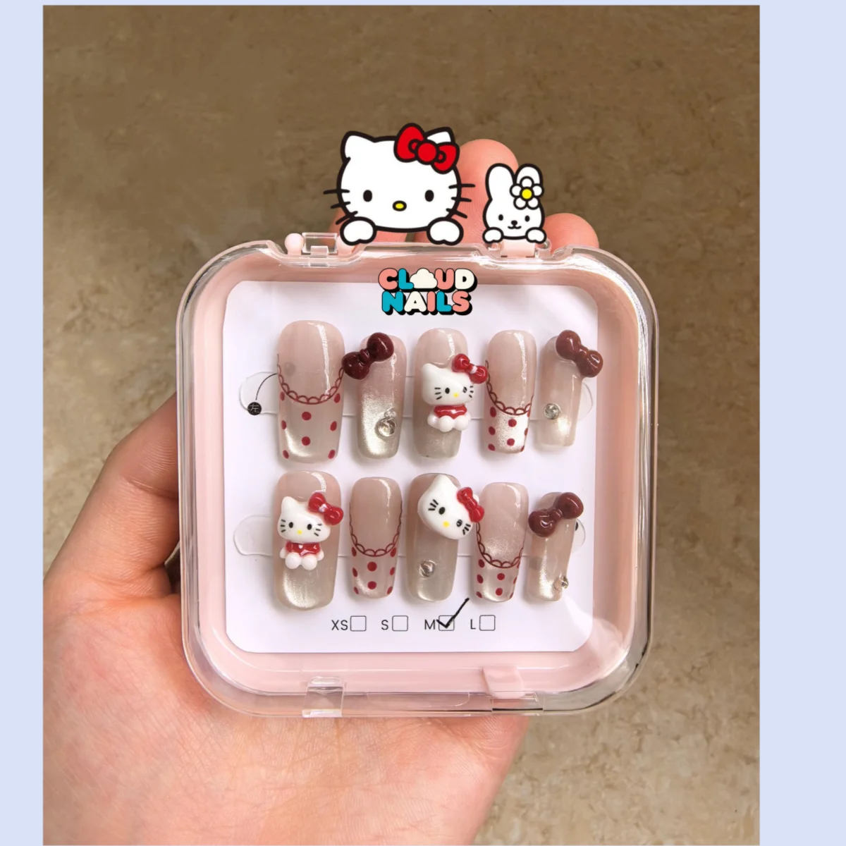 

10 шт. MINISO HelloKitty ногти красные носимые пресс на ногти с 3D мультяшными подвесками французские короткие квадратные накладные ногти кончики