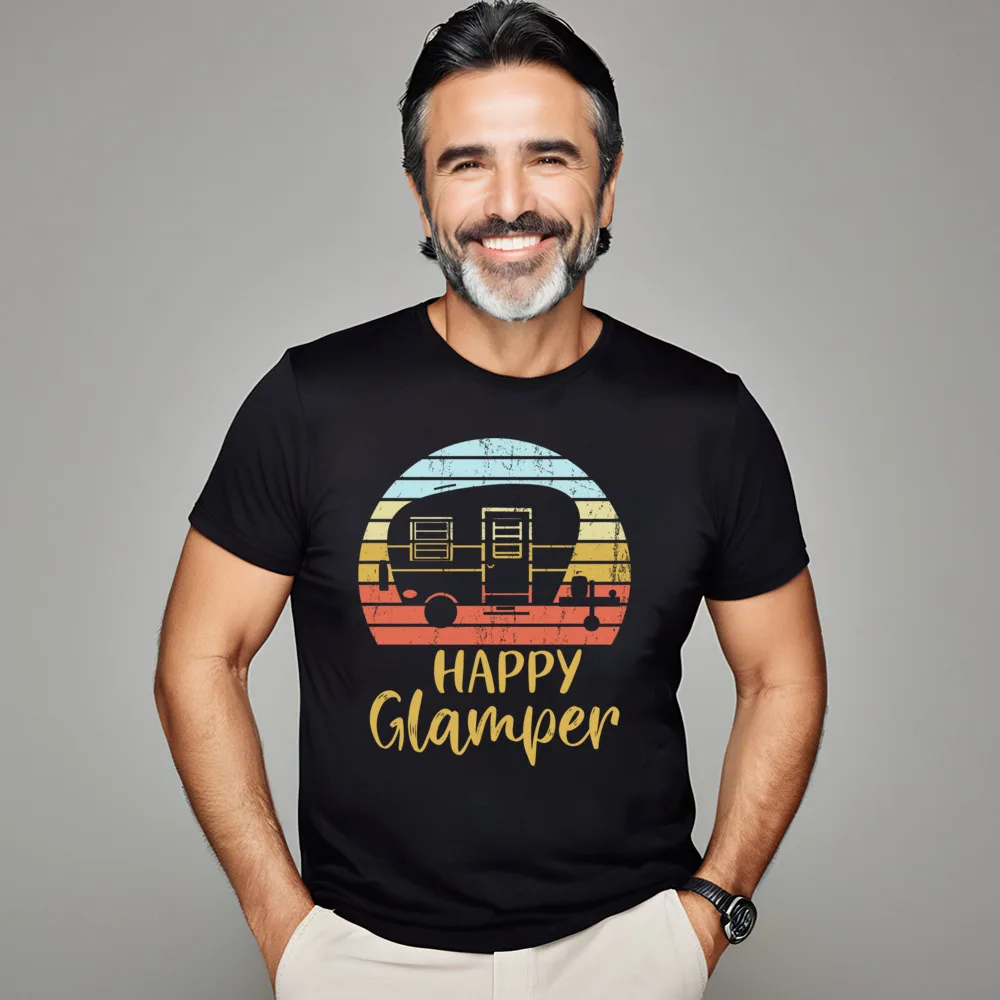 Cute Man T Shirt Happy Glamper Funny Glamping Glamper Funny Tops Tees 100% Cotton Short Sleeve Graphic Tee-Shirt Crewneck