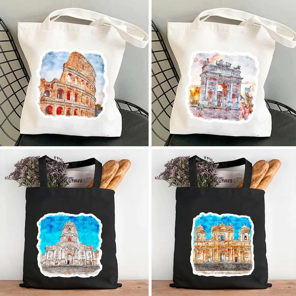 Italien Aquarell Malerei Pisa Mailand Rom Vatican Duomo Kolosseum Burano Lazio Positano Schulter Leinwand Einkaufstasche Shopper Handtasche