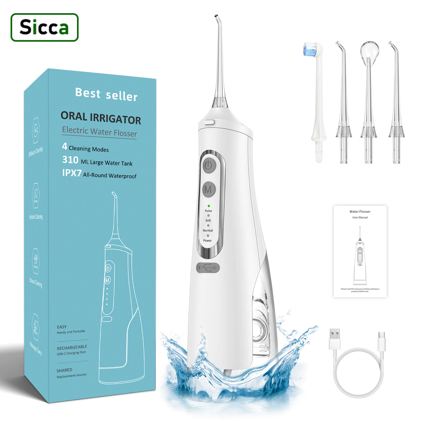 

Oral Irrigator USB Rechargeable Water Flosser Portable Dental Water Jet 310ML Water Tank IPX7 Waterproof Teeth Cleaner Travel