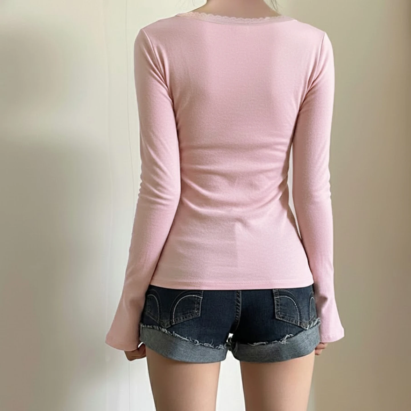 SUCHCUTE Frauen Solide Spitze Trim Patchwork Taste Ausgestellte Ärmel Hemd Casual V-ausschnitt Stricken Top Y2k Ästhetischen Herbst Kleidung Fairycore – Detail 17