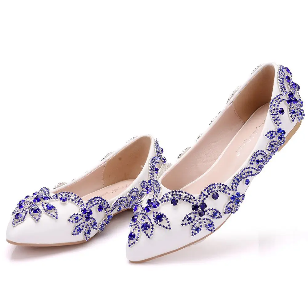 Blue rhinestone pointed flat bottomed casual single shoes for foreign trade, flat heel plus size women's shoes