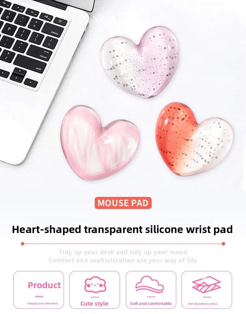 Herzförmige Silikon-Handgelenkauflage im Ins-Stil Transparentes Kissen für Büro und Gaming Ergonomische Unterstützung mit Kühlgel – Detail 1