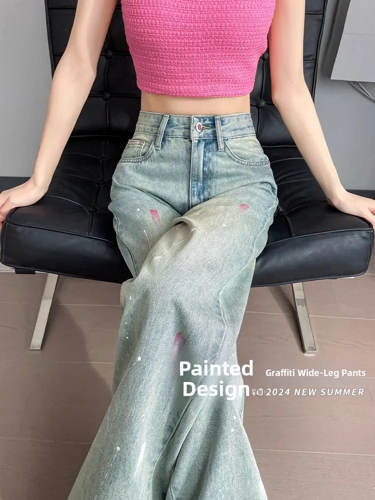 

Artistic Long Wide Leg Jeans Women's High Waist Straight Loose Fit Large Size Paint Splatter Denim Trousers Spring Autumn