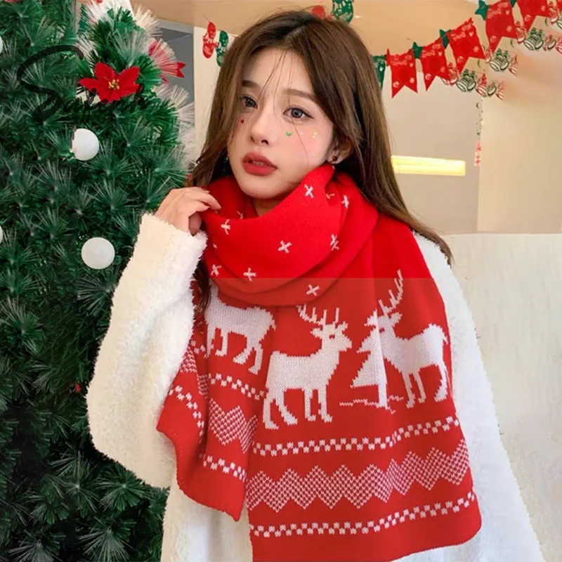 Winter Warm Scarf For Women Men Deer Elk Double-Sided Knitted Scarves Fashion Versatile Woolen Shawl Girls Christmas Present