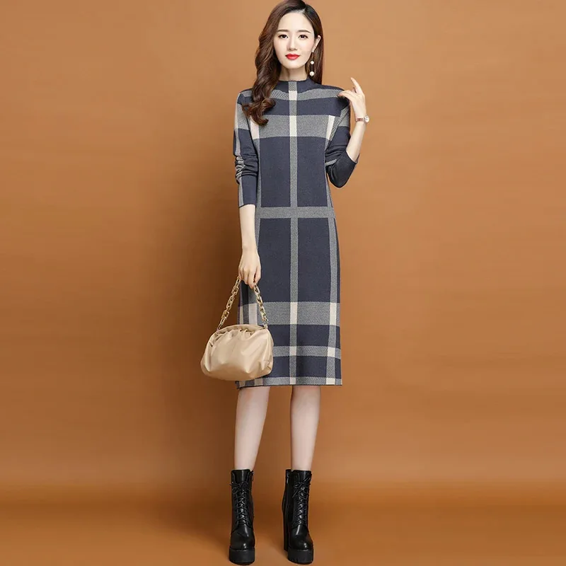 Autumn Winter Plaid Striped Knitted Dresses Women\'s Clothing Over Knee Patchwork Contrast Style Vintage Wool Dresses