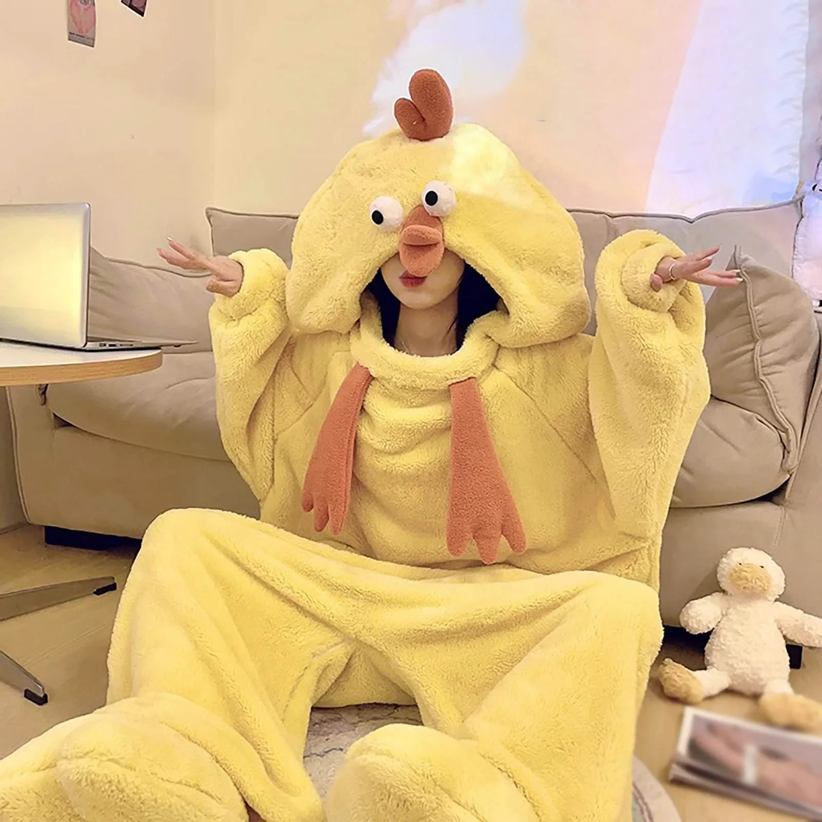 Little Yellow Chicken Coral Velvet Couple Pajamas One-piece Robe Warm coral velvet Pajamas Women Winter Home Wear cartoon wear