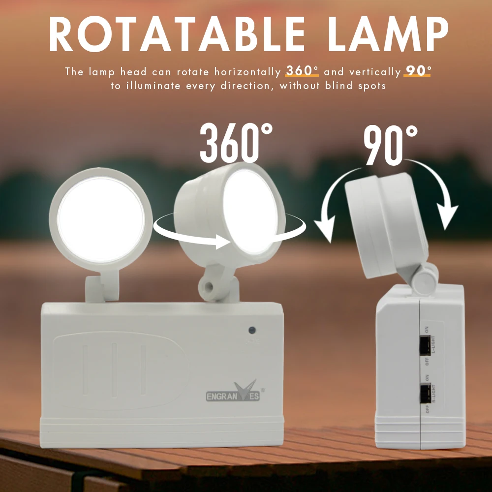 Dual-Head Emergency Lamp Rotatable Fire Safety Lighting Wall-Mounted Evacuation Light Portable Camping Light for Power Outage