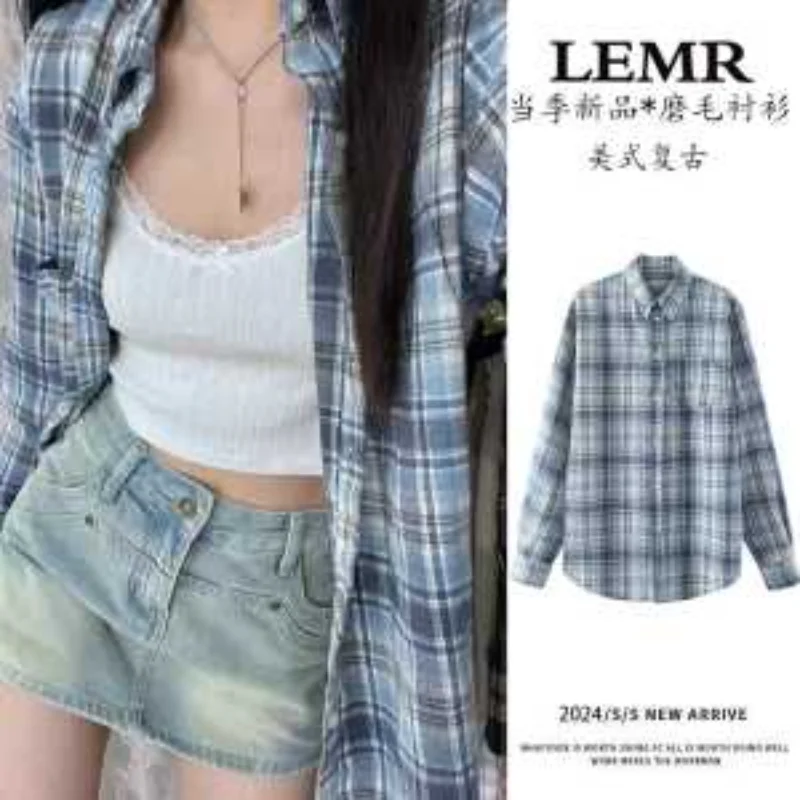 

American Trendy Retro Brushed Plaid Shirt for Women Casual Loose Versatile Long-sleeved Coat Shirt