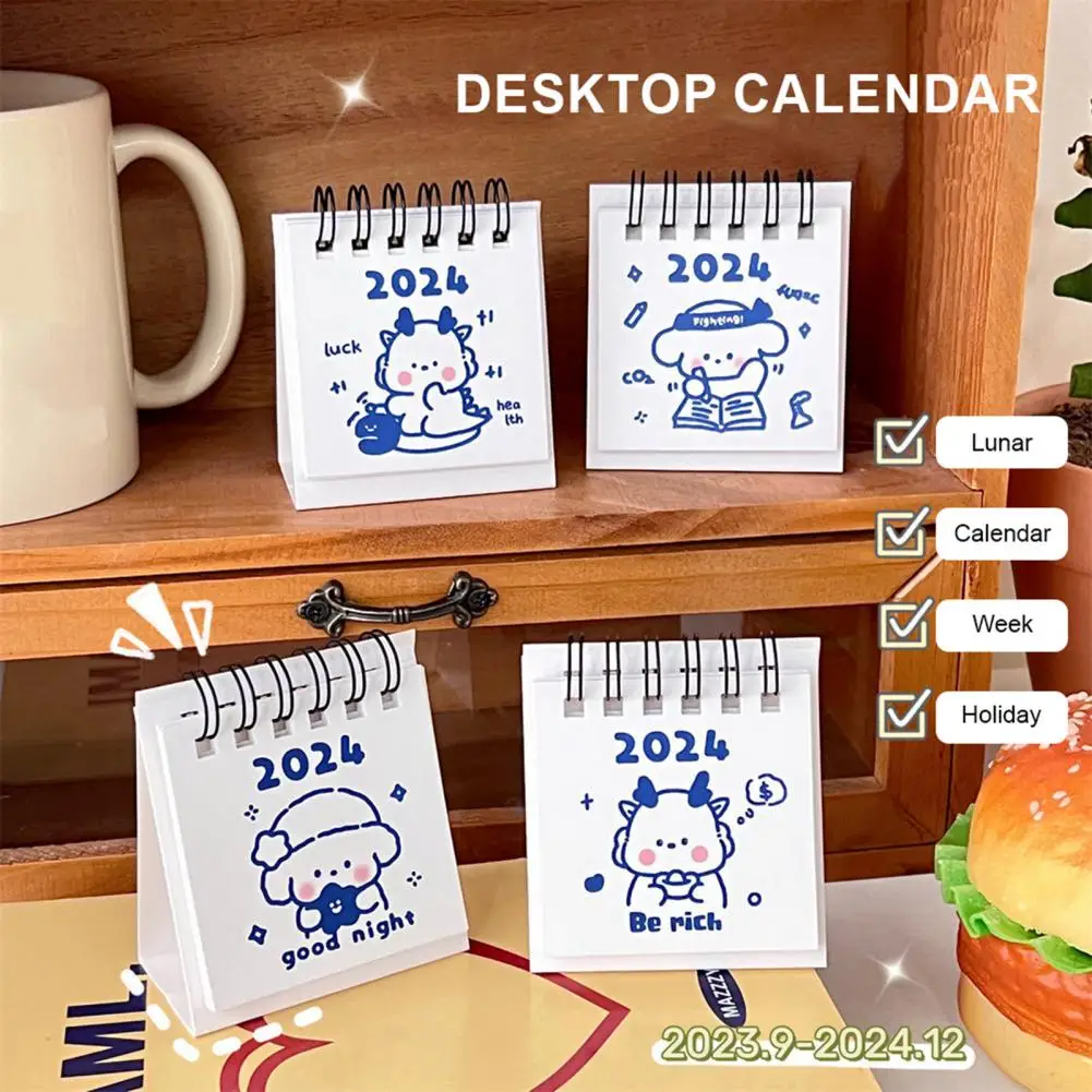 

2Pcs 2024 Mini Desk Calendar Coil Binding Clear Printing Cartoon New Year Calendar Simple Cartoon Desktop For Home Office School