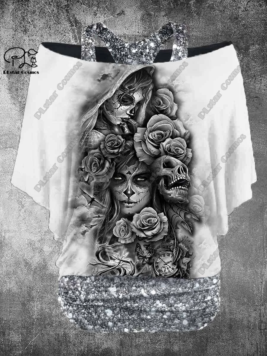 PLstar Cosmos Women's Retro Skull 3D Print Casual Two-Piece T-Shirt Harajuku Streetwear Collection - 6