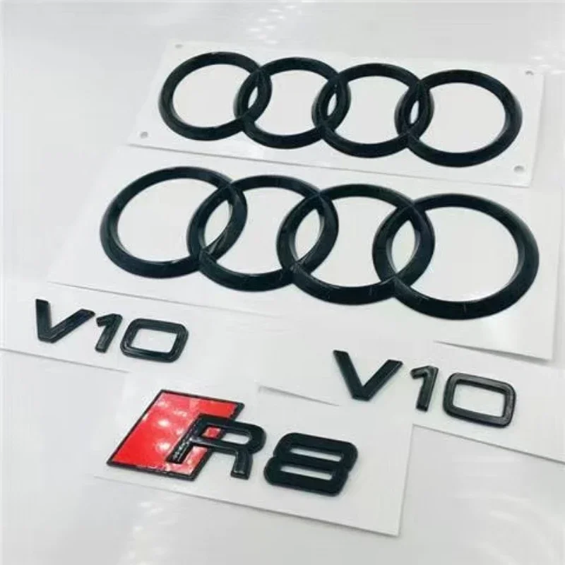AUDI R8 4-Ring Logo ABS Schwarz Auto Motorhaube Frontgrill Emblem Heckklappe Aufkleber R8 Aufkleber V10 Emblem Auto Zubehör