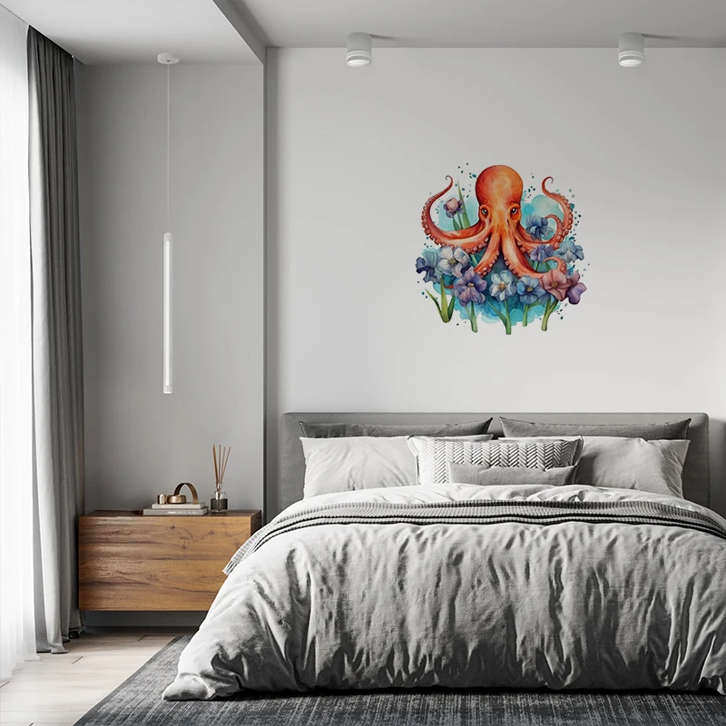 T769#Watercolor Octopus Wall Sticker Kids Room Background Home Decoration Mural Living Room Wallpaper Funny Decal