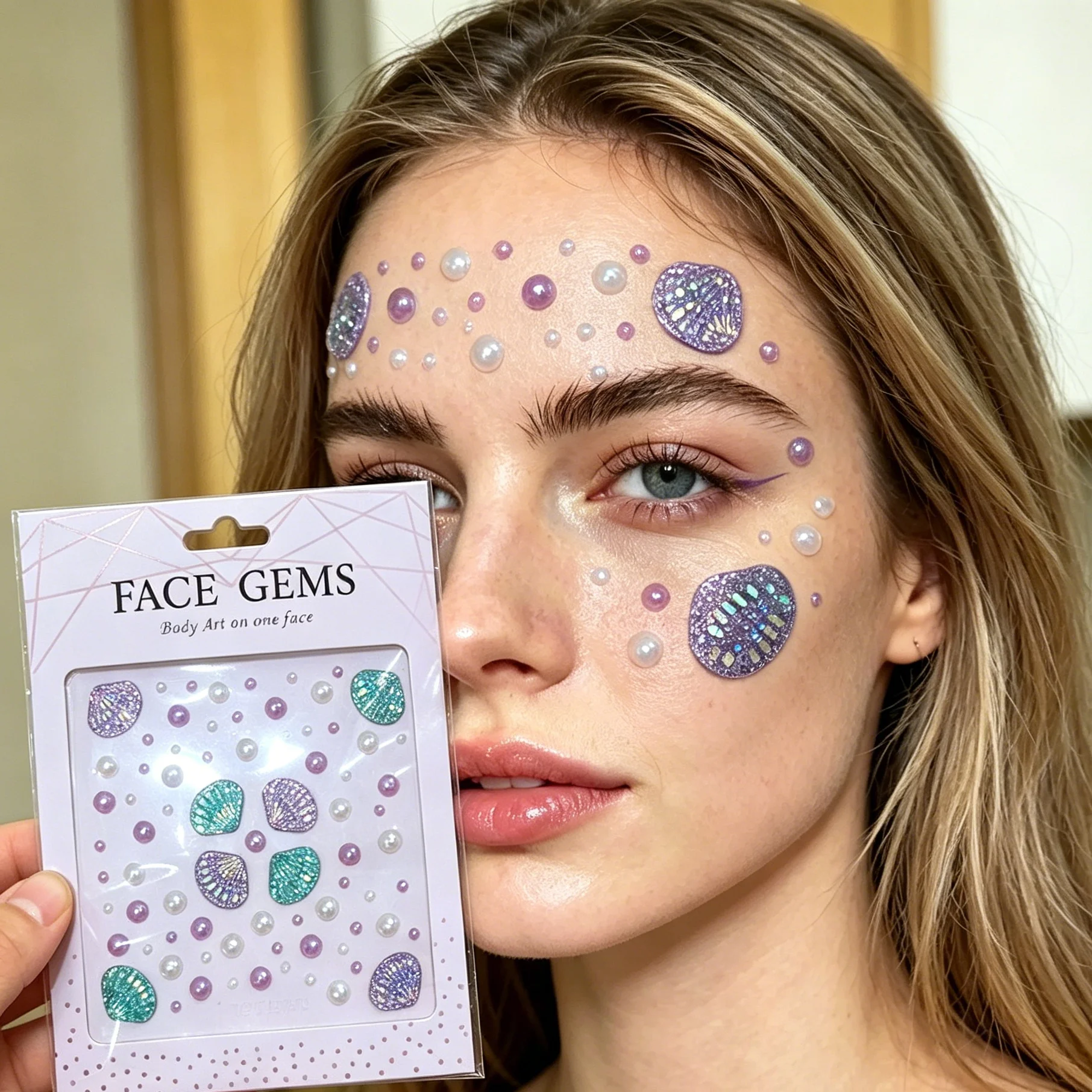 1Pc Mermaid Shell Face Gems Holographic Seashell & Pearl Rhinestone Face Stickers Body Jewelry for Beach Party Festival Cosplay*