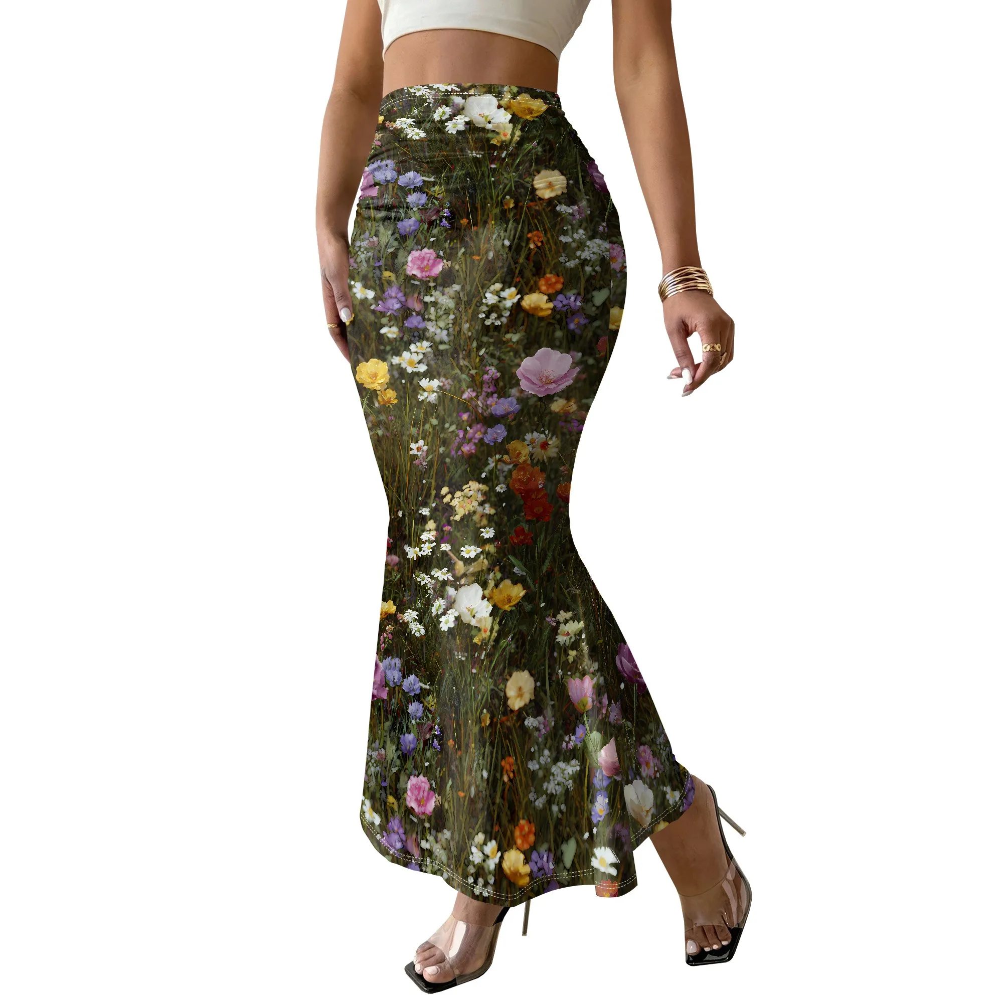Floral Print Mermaid Skirt, Vintage Flower Pattern, Boho High Waist Design, Summer Beach Party Wear, S-2XL