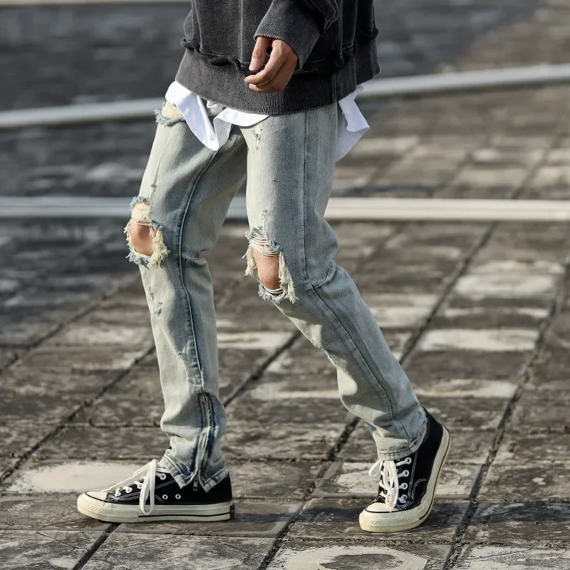 Autumn Retro High Street Jeans Washed Distressed Slim Pants Hip Hop Ripped Jeans Slim Men's Casual Pants Patchwork Jeans