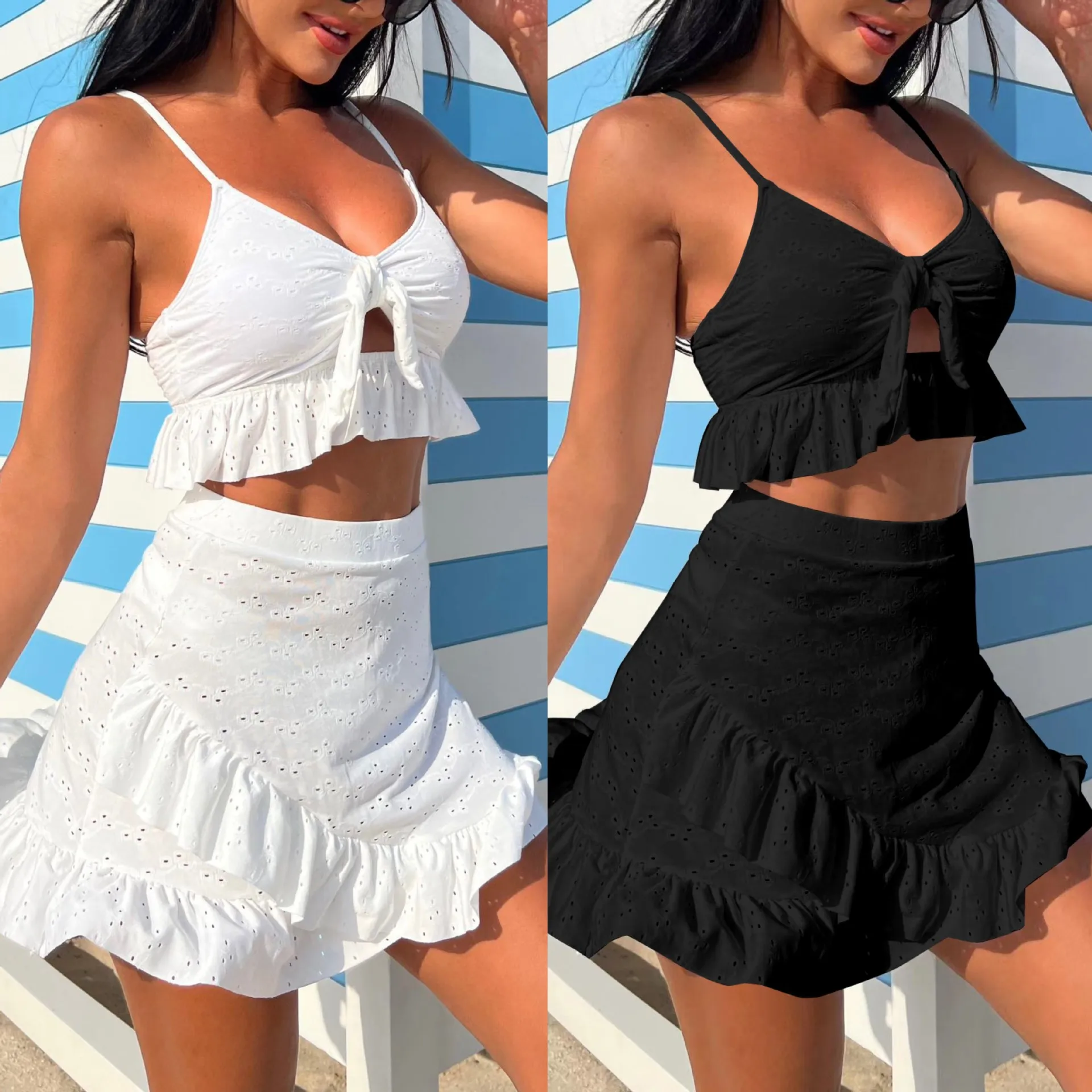 

New Solid Color Floral Special Fabric Three-piece Swimsuit, Swimsuit Bikini