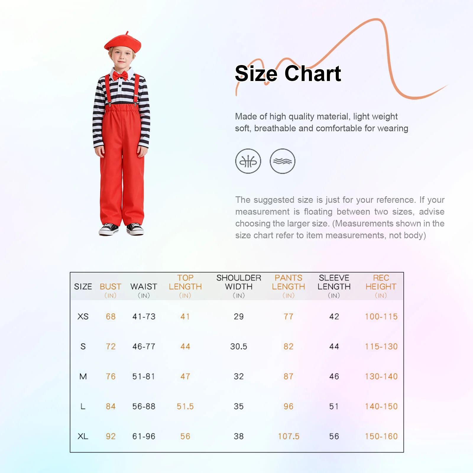 

Boys Girls Stage Costume 6 Pieces Set Long Sleeve Striped T Shirt Suspenders Pants Bow Tie Beret Hat Glasses for Drama Cosplay