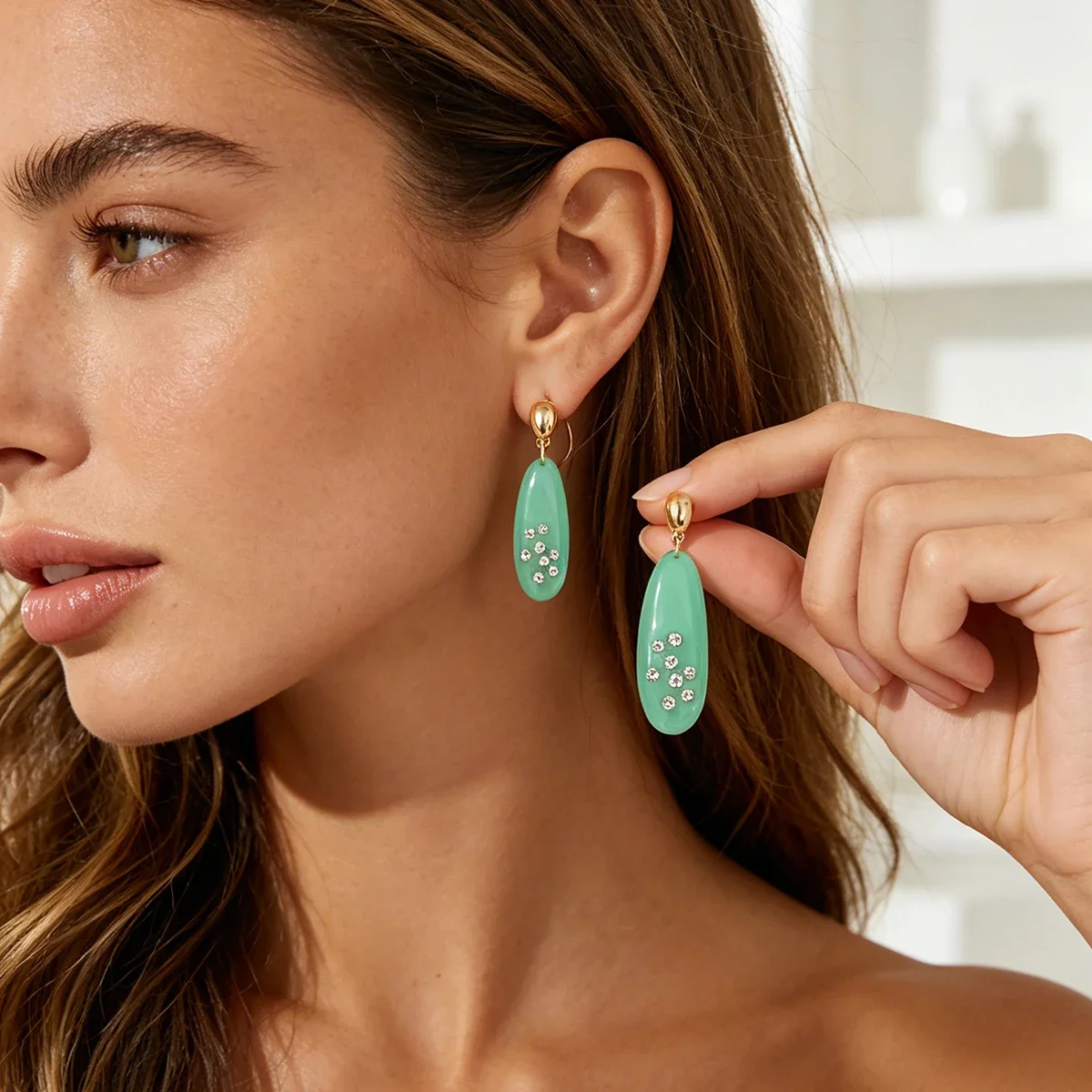 Y2K Cute Enamel Earrings – Gold Tone Colorful Oval Rhinestone Statement Jewelry