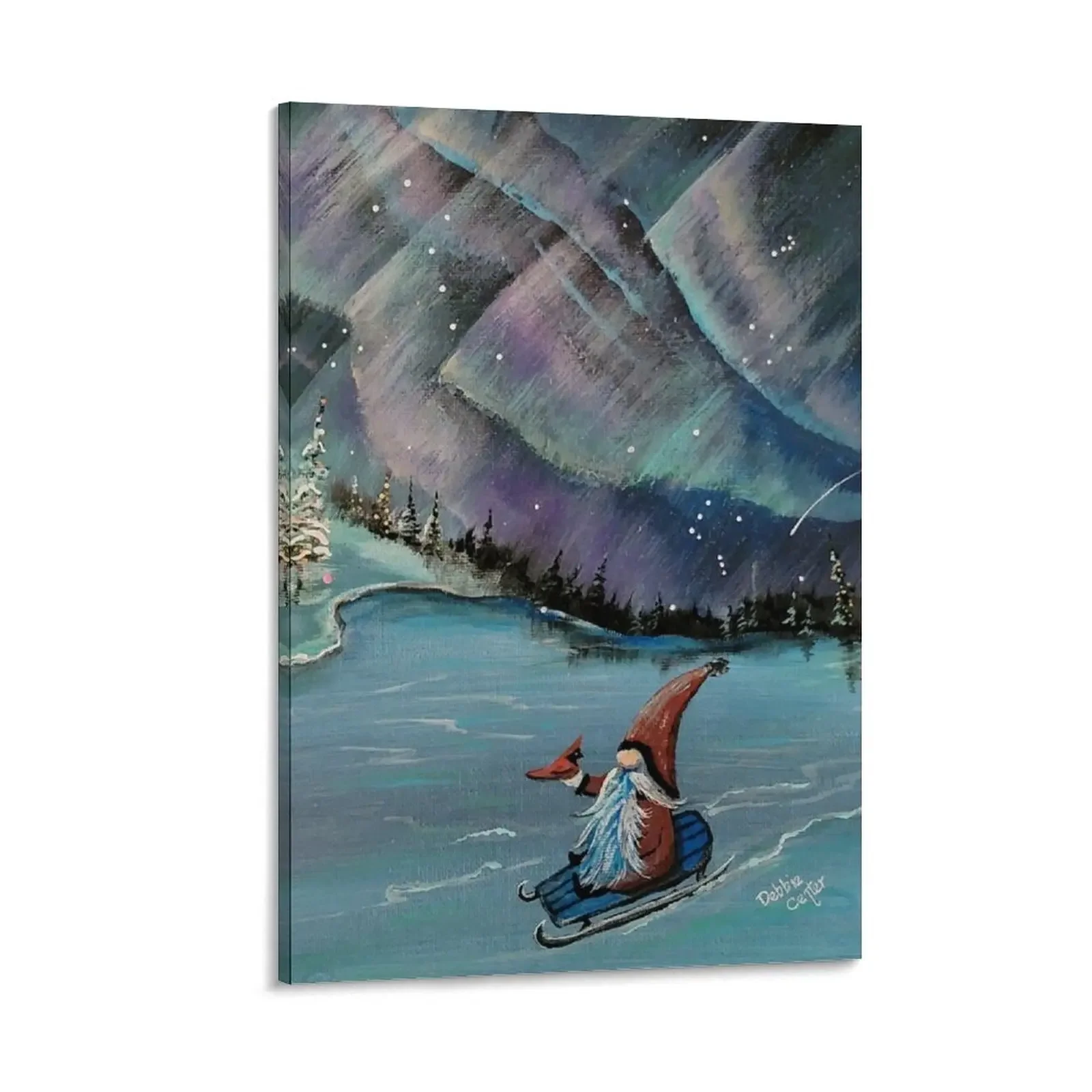 

Gnome and Cardinal Sledding under Aurora Canvas Painting decorative pictures for living room luxury home decor