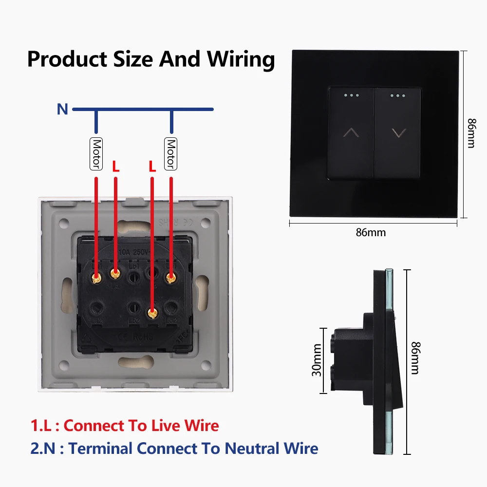 Bingoelec Push Curtain Switch Crystal Glass Panel Blind Switch EU Standard Roller Shutter Switch AC 240 V