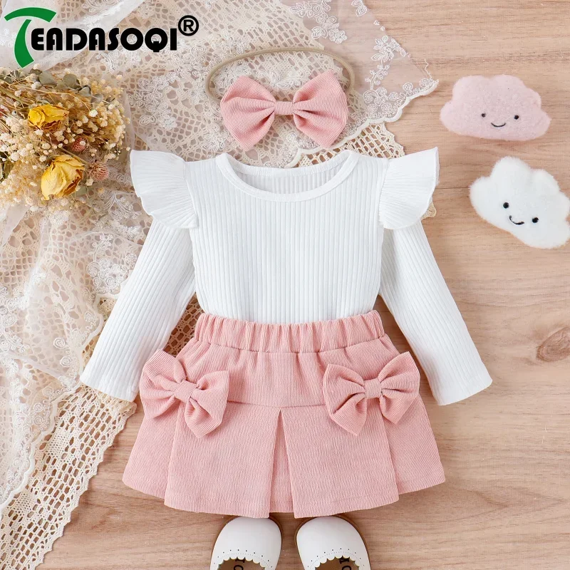 0-3Y New Baby Girls Clothing Outfits Newborn Flying Sleeve Ribbed Tops and Corduroy Mini Skirt Headband Set Infant Clothes Suit