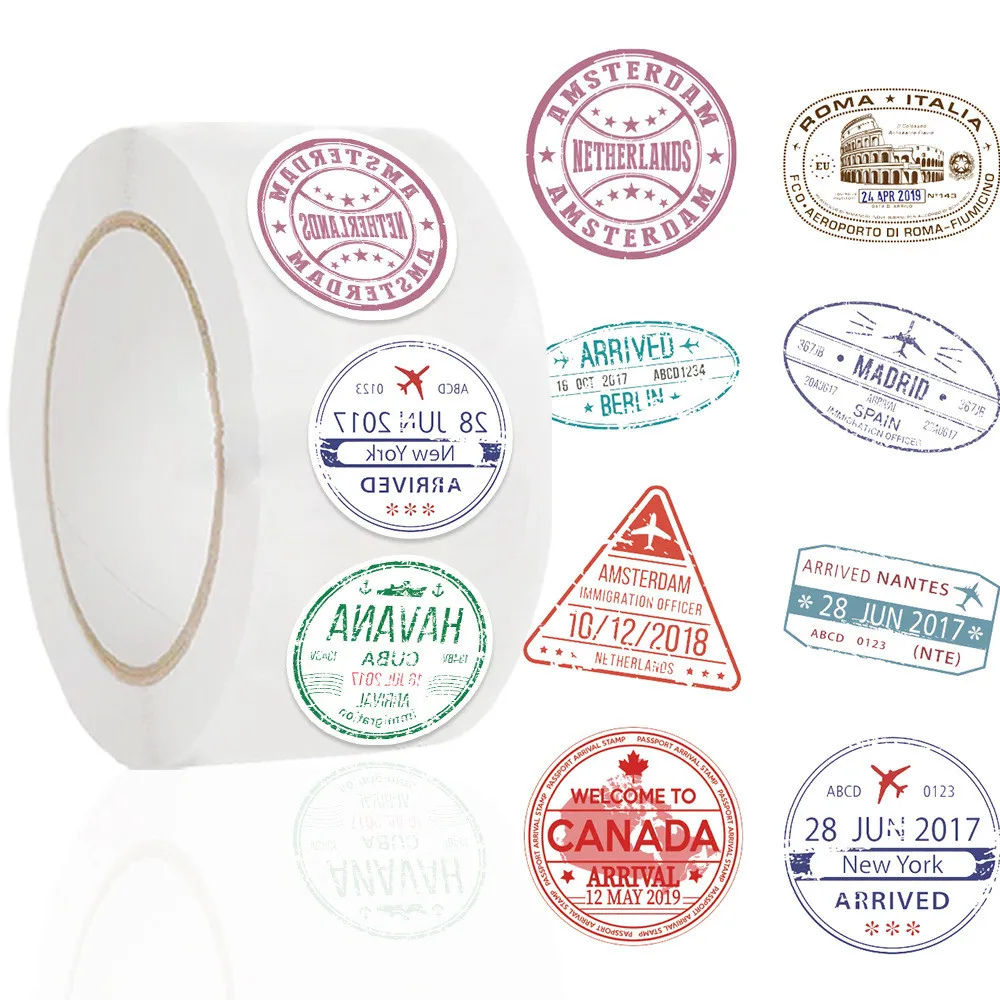 Rouleau d'autocollants série timbres passeport mignons (500 pièces/rouleau), décalcomanies en PVC pour bricolage artisanat cahiers sacs à dos BulingBulingStickers magasin