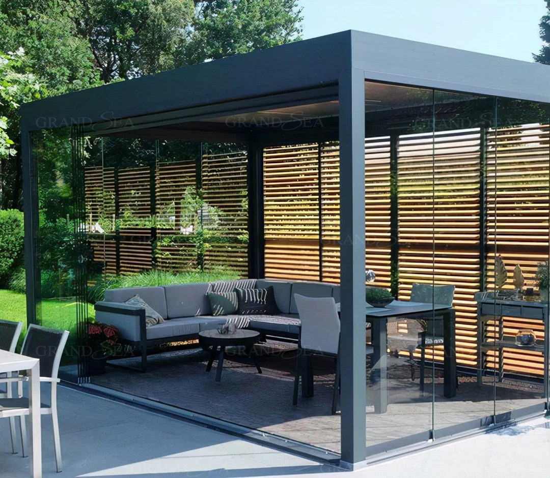Outdoor Garden Motorized Louvered Roof System Bioclimatic Pergola Outdoor Aluminum Pergola With Sliding Glass Door and Louvered