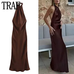 TRAF 2024 Off spalla abito in raso donna Halter Backless abito lungo donna senza maniche Midi abiti estivi eleganti abiti da festa