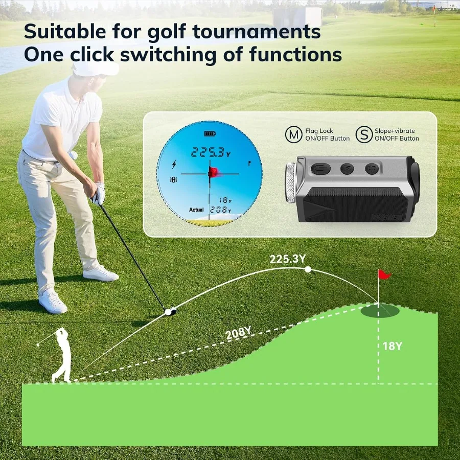 Mini telêmetro de golfe de alta precisão com recurso de travamento de bandeira de inclinação Ampliação 6X Design recarregável de alcance de 1000 jardas