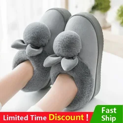 Cute Women Slippers Autumn Winter Cotton Flat Fluffy Slippers Cartoon Rabbit Ear Home Indoor Fur Slippers Warm Soft Plush Shoes