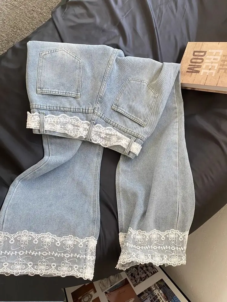 Calças de Denim de Cintura Alta com Detalhes em Renda Retro Americana para Homens e Mulheres Moda de Verão Calças Largas e So...