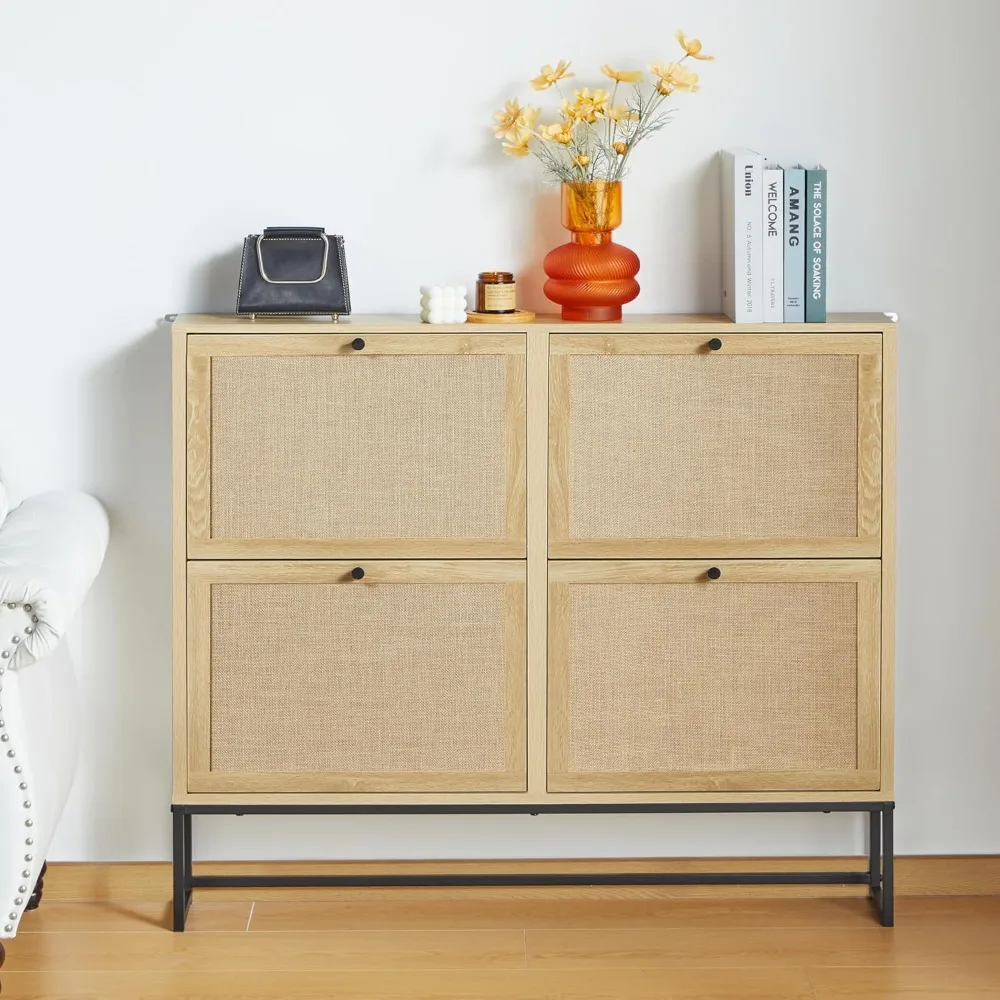 Freestanding Shoe Storage Cabinet with 4 Drawers, Metal Handle and Base, Tipping Bucket Design