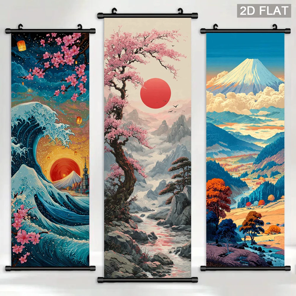 VIKAMA Japanese Ukiyo-e Scroll Tapestry, Cherry Blossoms Mount Fuji Wall Hanging, Landscape Art Poster for Living Room Decor