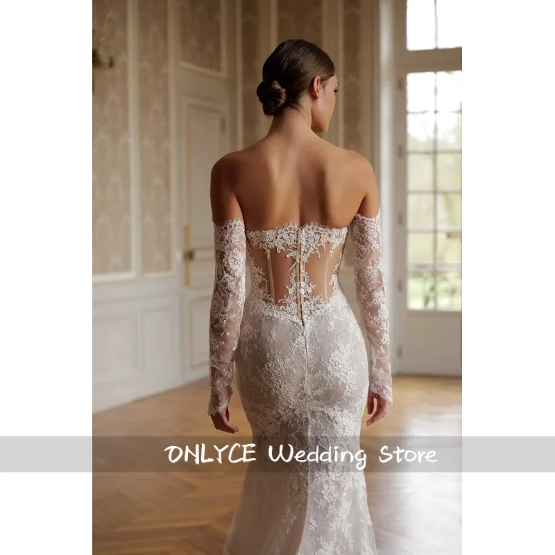 ชุดแต่งงานทรงเมอร์เมดลูกไม้สไตล์วินเทจสั่งตัดพิเศษ แขนยาวเปิดไหล่ สวยสะกดใจ ชุดเจ้าสาว Vestido De Novia