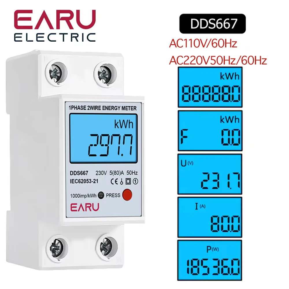 Medidor de Energia Monofásico com Luz de Fundo Digital Lcd Wattmeter Eletrônico Reconjunto Zero Consumo de Energia Trilho Din ac 110v 220v 80a Kwh