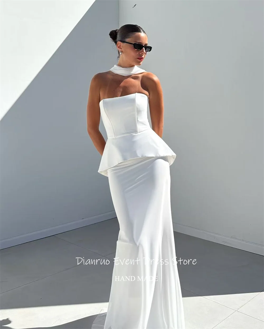 Dianruo White Elegant Long Evening Dresses Strapless Satin Bodycon Abendkleider Hochzeit Ribbons Mermaid Prom Gowns Customized