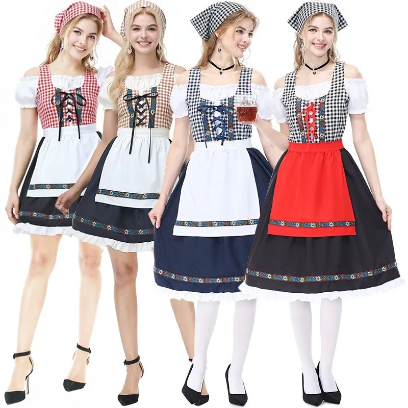 German Bavarian Dirndl Costume For Women Off Shoulder Square Neck Plaid Dress Beer Party Halloween Cosplay Outfit 4 Colors