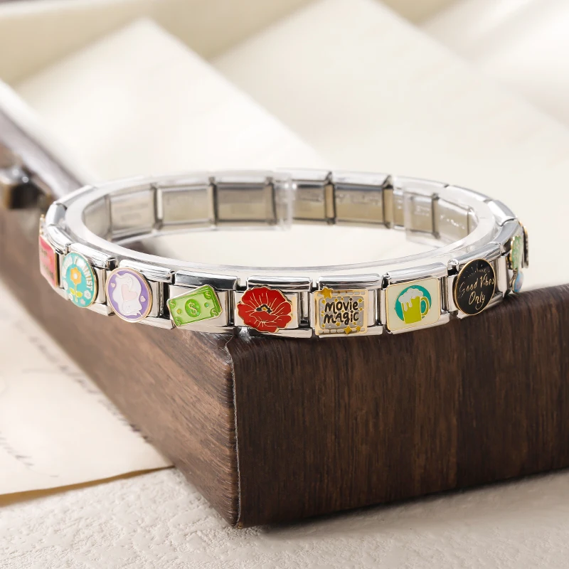 Hapiship 2025 Women Romantic Flower Best Buddies Dollar Italian Charms Fit 9mm Stainless Steel Bracelet Wholesale Jewelry DJ1363