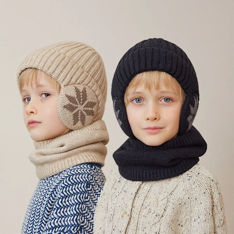 

2pcs/set Children's Hat Winter Fleece Scarf Set Knitted Woolen Hat Boys' Warm Ear-protecting Hood