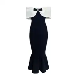 Autumn Winter Diamonds Bow Knitting Sweater Dress Women Short Sleeve Bandage Pencil Fishtail Long Prom Evening Dresses Lady