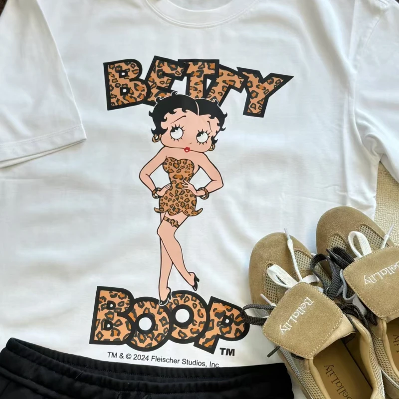 Miniso Betty Boop Y2k خمر 90s الكرتون أنيمي فضفاض ريترو قصيرة الأكمام الرجال والنساء الشارع الصيف موضة جديدة تي شيرت