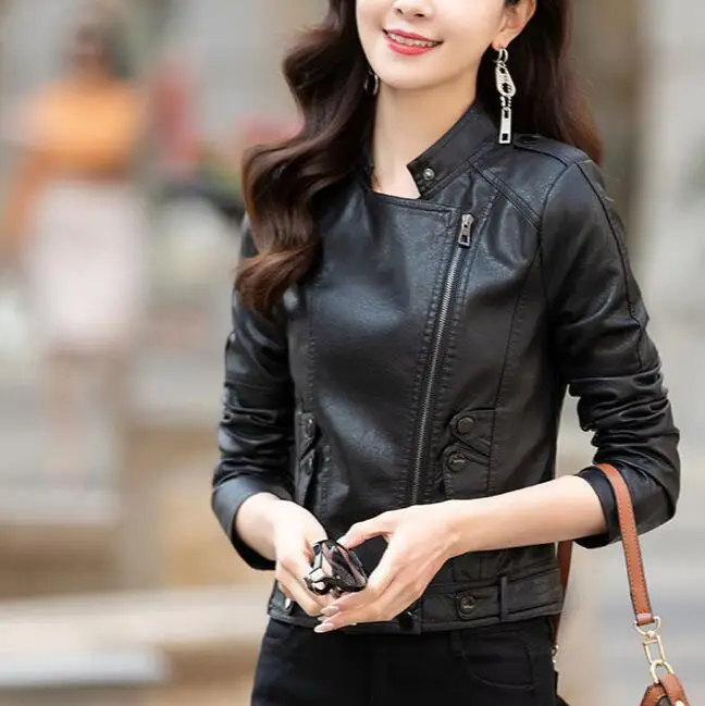 Nuova giacca da donna in vera pelle primavera autunno moda stile motociclista capispalla colletto alla coreana cappotto corto