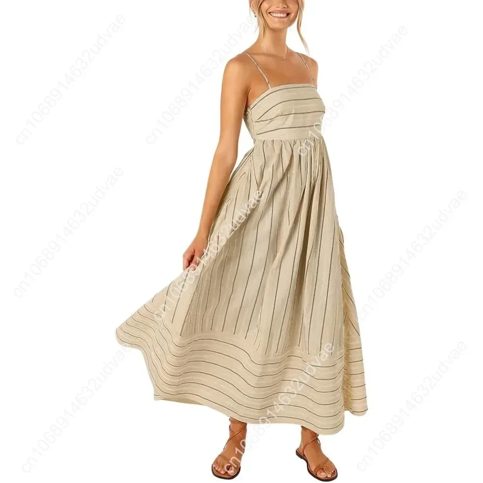 

Striped Back Women's Smocked Maxi Dress Sexy Spaghetti Strap Cut Out Flowy Swing Long Dress