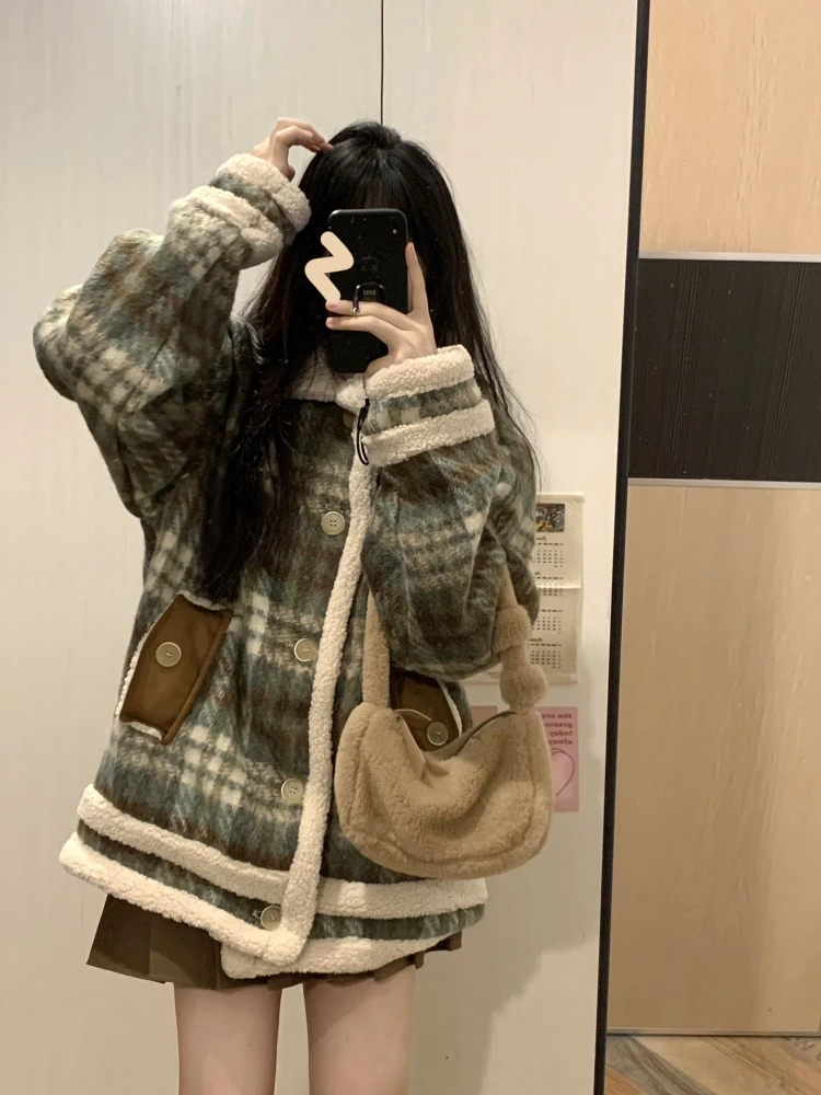

Утепленное зимнее пальто в клетку в стиле ретро, женская свободная шерстяная куртка, модная женская верхняя одежда из полиэфирного волокна с длинным рукавом