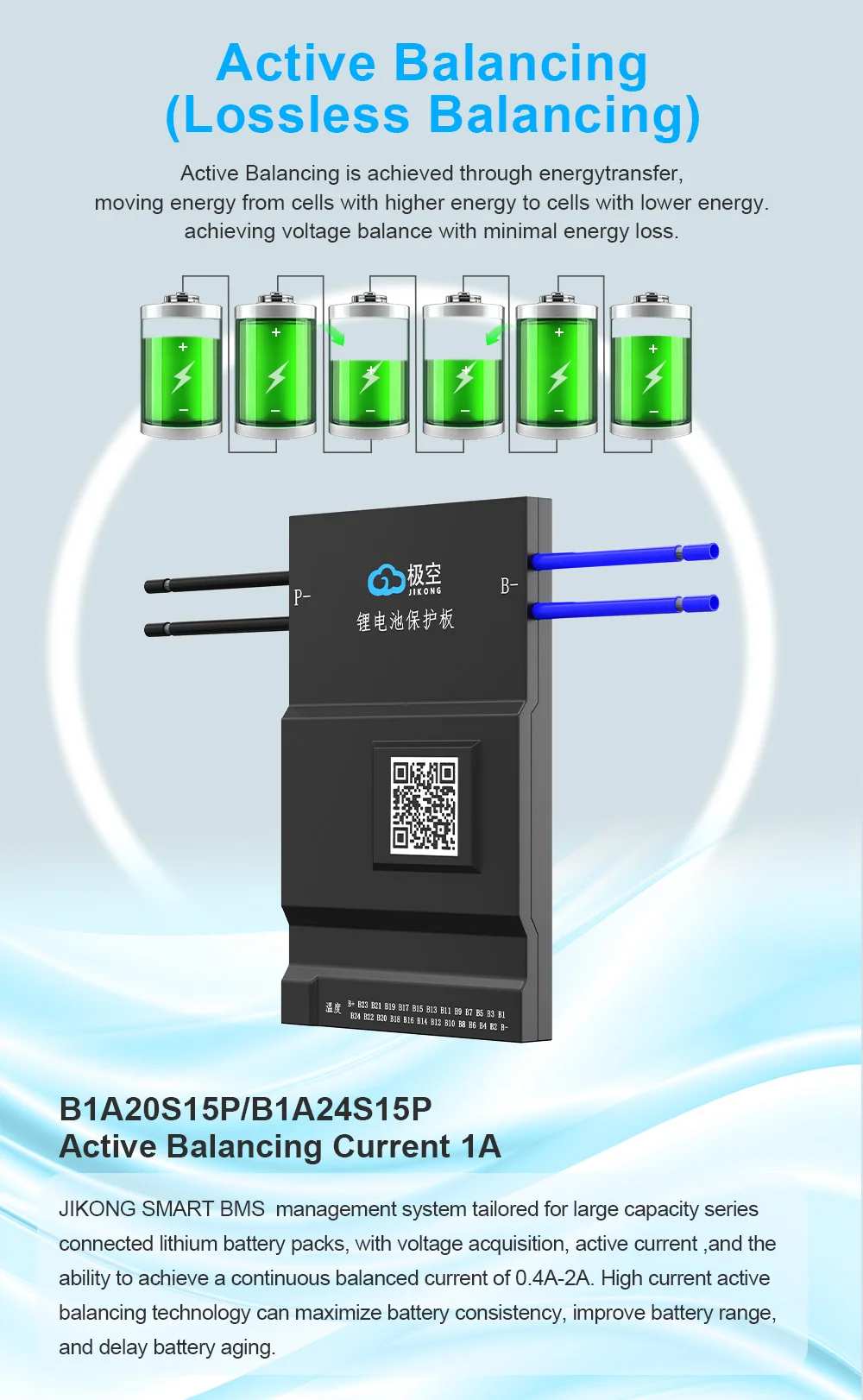 JIKONG BMS B1A20S15P 1A Ausgleichsstrom-BMS 150A BT 36V 48V 60V Li-Ion LTO 18650 Batterie Lifepo4 Batteriespeicher Bluetooth BMS – Detail 4