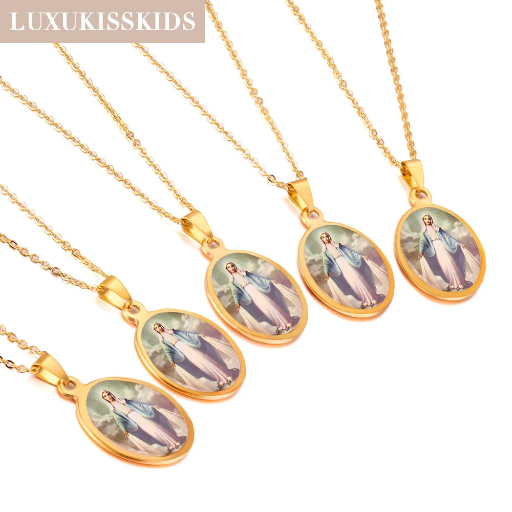 LUXUKISSKIDS 5pcs/Lot Catholicism Jewelry Stainless Steel Oval Shape Portrait Pendant Necklace Fashion Wholesale Religious Choke